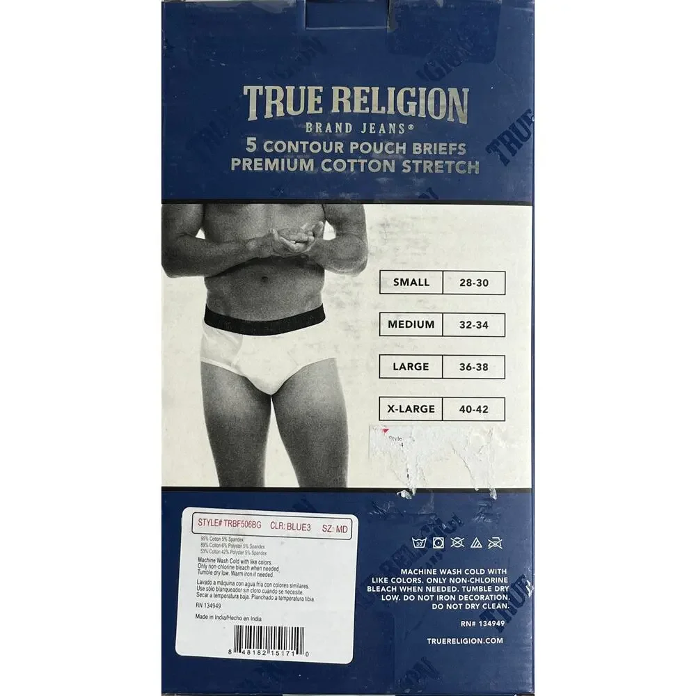 4-75 TRUE RELIGION Men's NIB Cotton Underwear Contour Pouch Briefs 5-PACK Medium